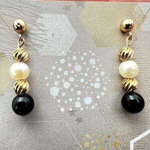 Womens Earrings 14K Yellow Gold Black Onyx White Pearl Pierced Gift Idea for Her